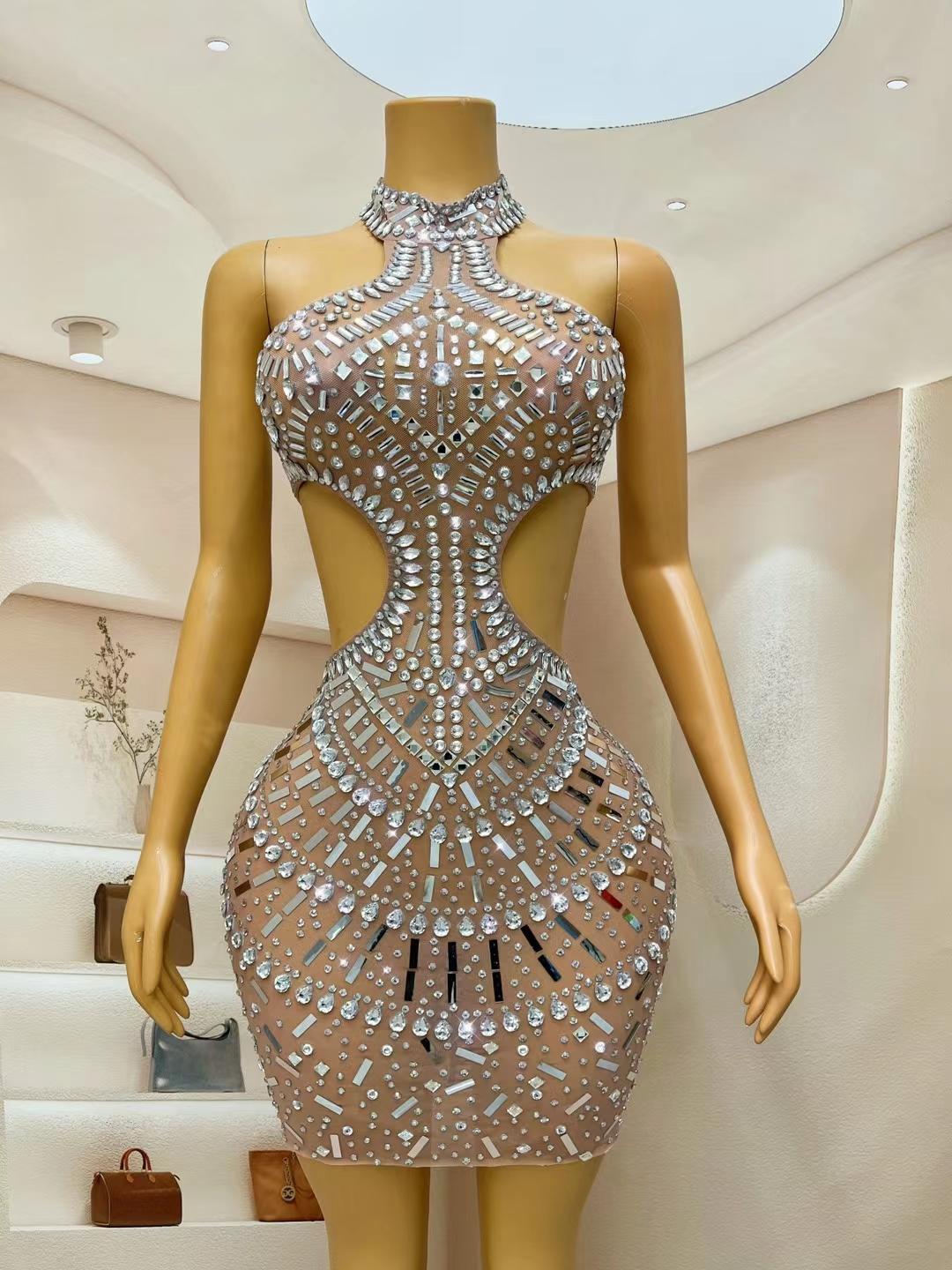 CELESINYI Fangxiang Crystal One Shoulder Mini Dress