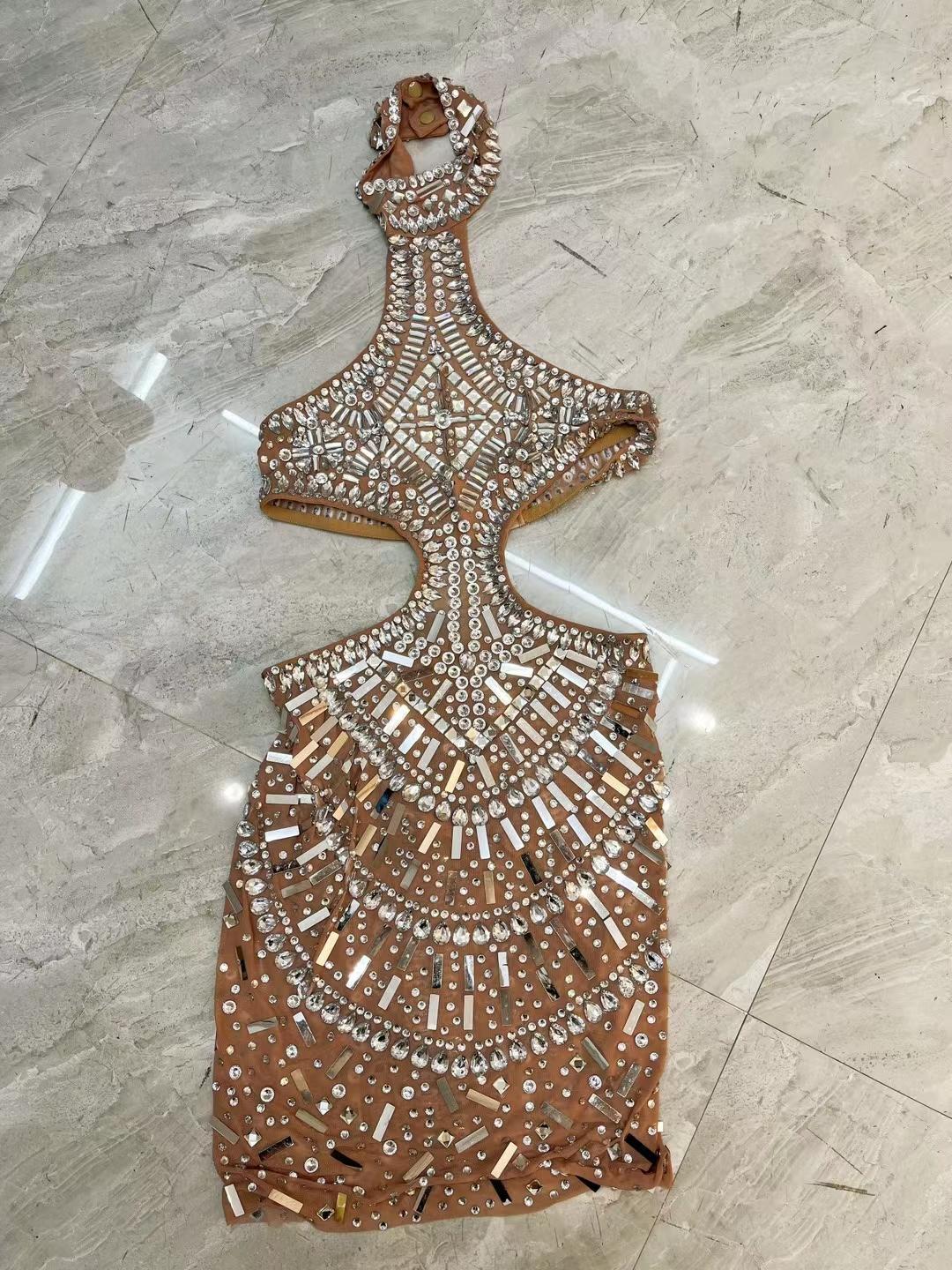 CELESINYI Fangxiang Crystal One Shoulder Mini Dress