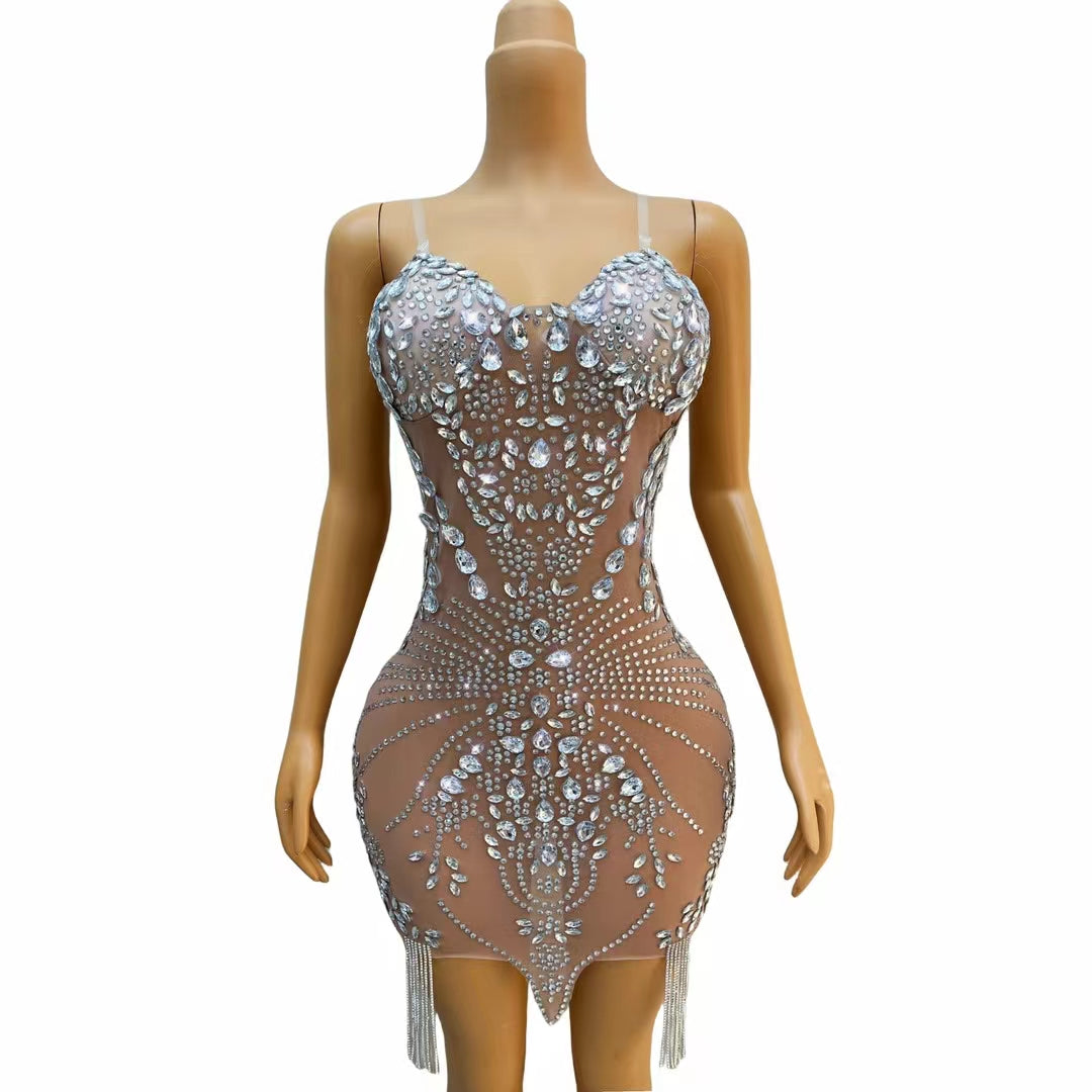CELESINYI Pipa Crystal Fringe Mini Dress