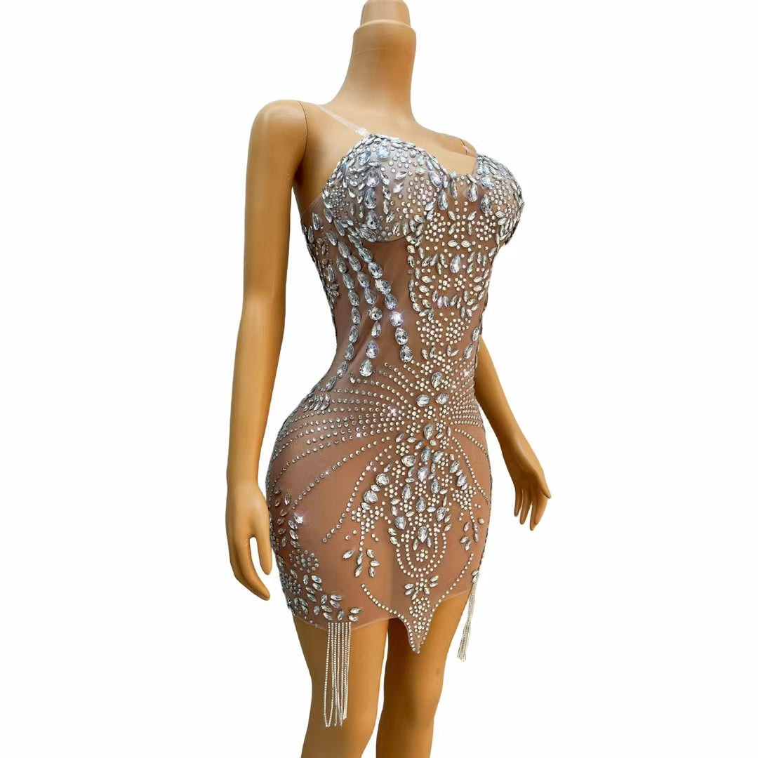 CELESINYI Pipa Crystal Fringe Mini Dress