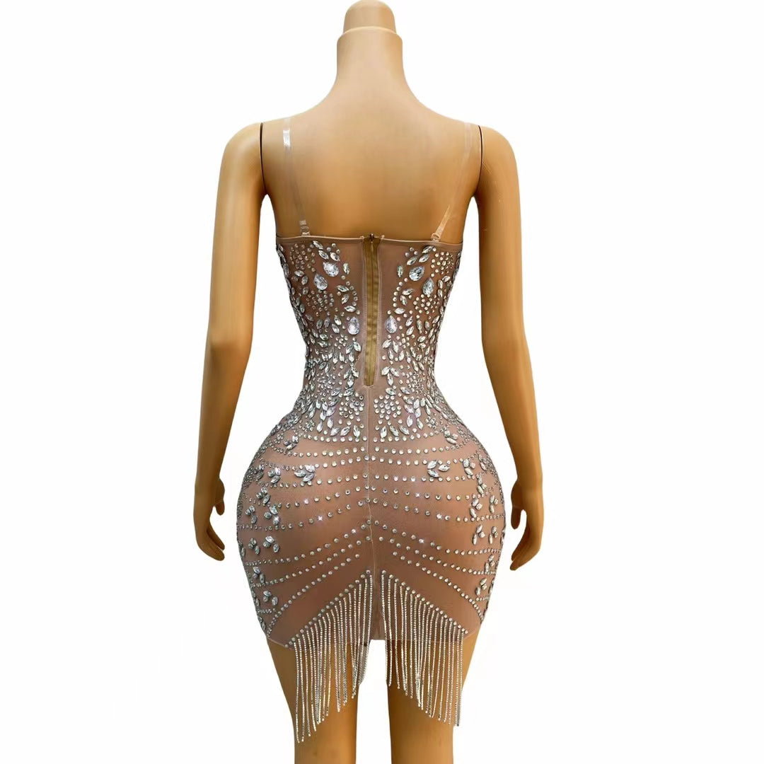 CELESINYI Pipa Crystal Fringe Mini Dress