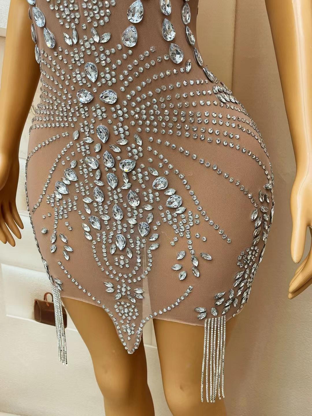 CELESINYI Pipa Crystal Fringe Mini Dress