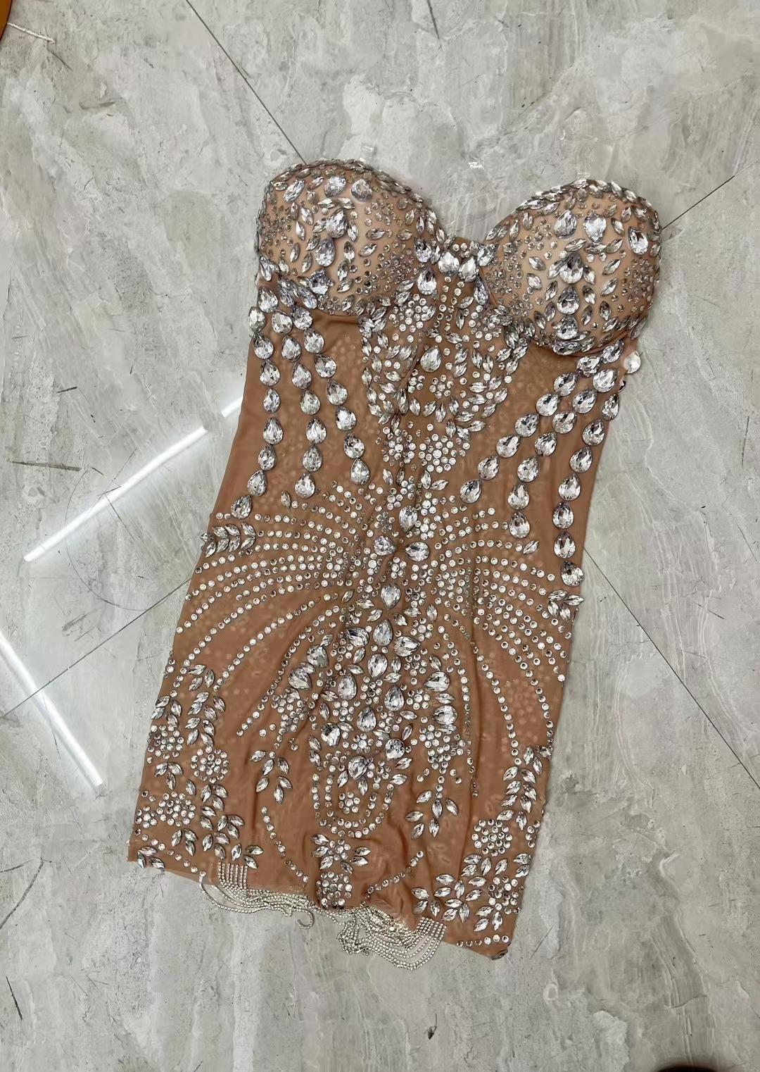 CELESINYI Pipa Crystal Fringe Mini Dress