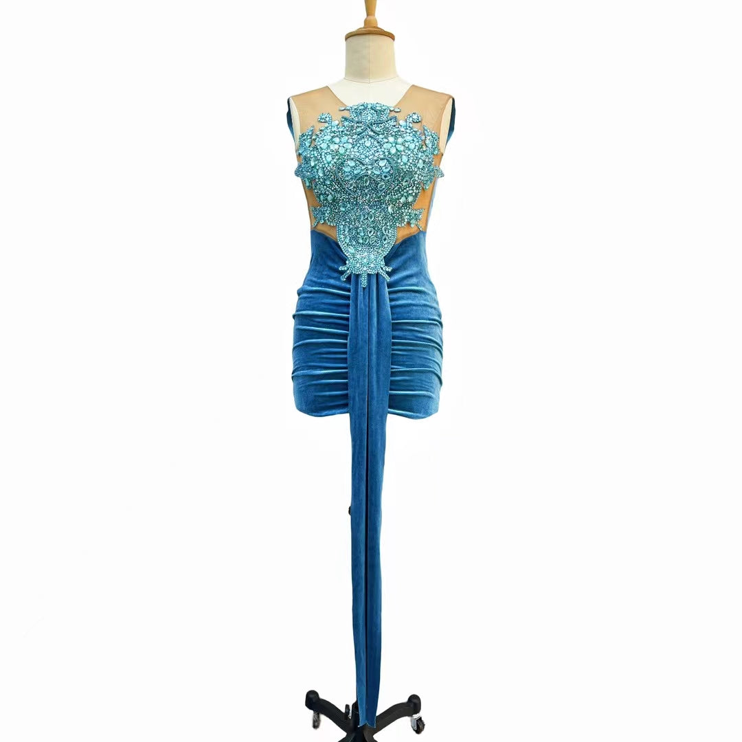 CELESINYI Lanyaoguo Crystal Velvet Mini Dress