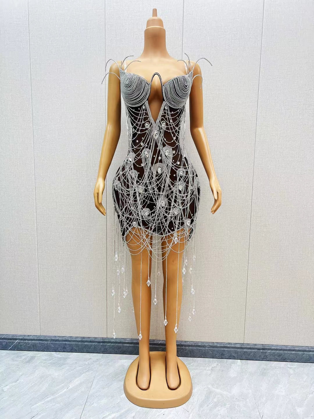 CELESINYI Heitianshi Crystal Black Mini Dress