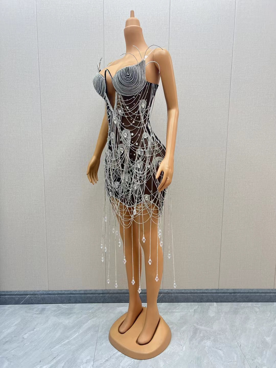 CELESINYI Heitianshi Crystal Black Mini Dress