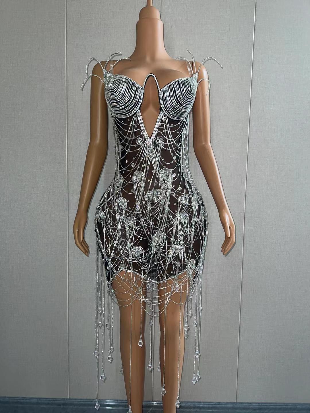 CELESINYI Heitianshi Crystal Black Mini Dress
