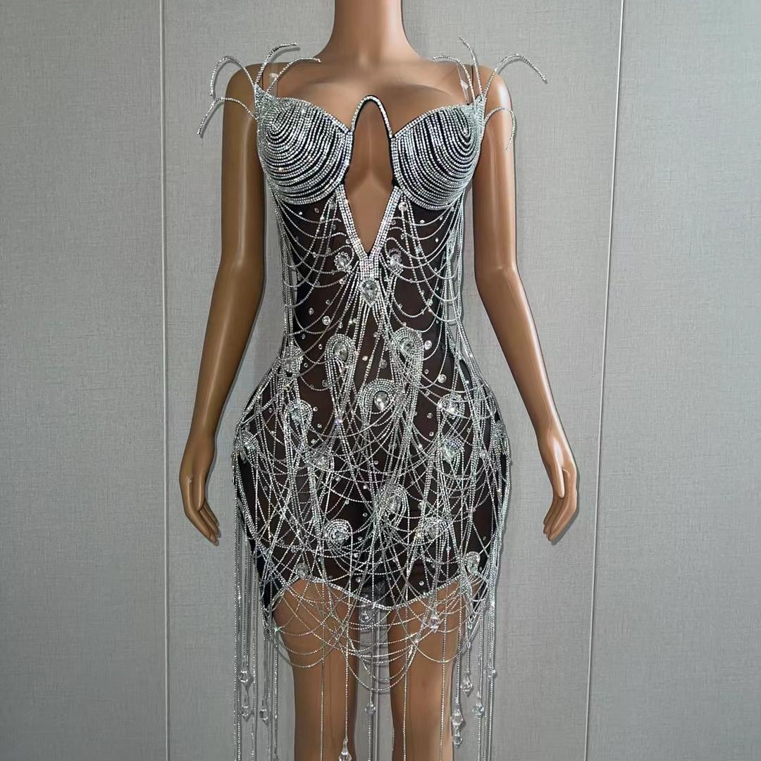 CELESINYI Heitianshi Crystal Black Mini Dress
