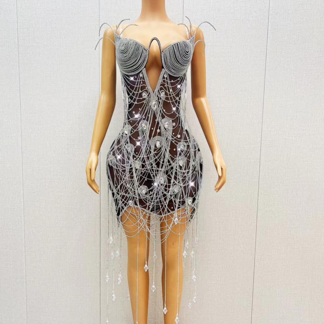 CELESINYI Heitianshi Crystal Black Mini Dress