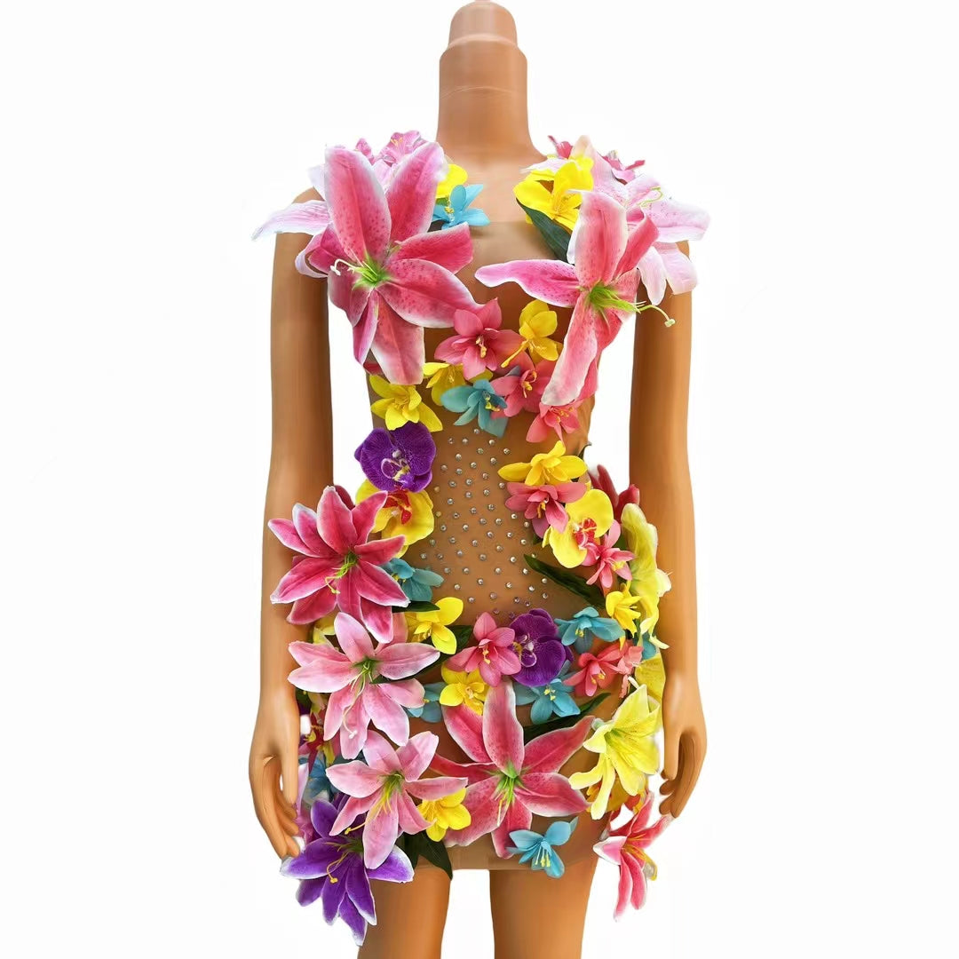 CELESINYI Huaduo Crystal Flower Mini Dress