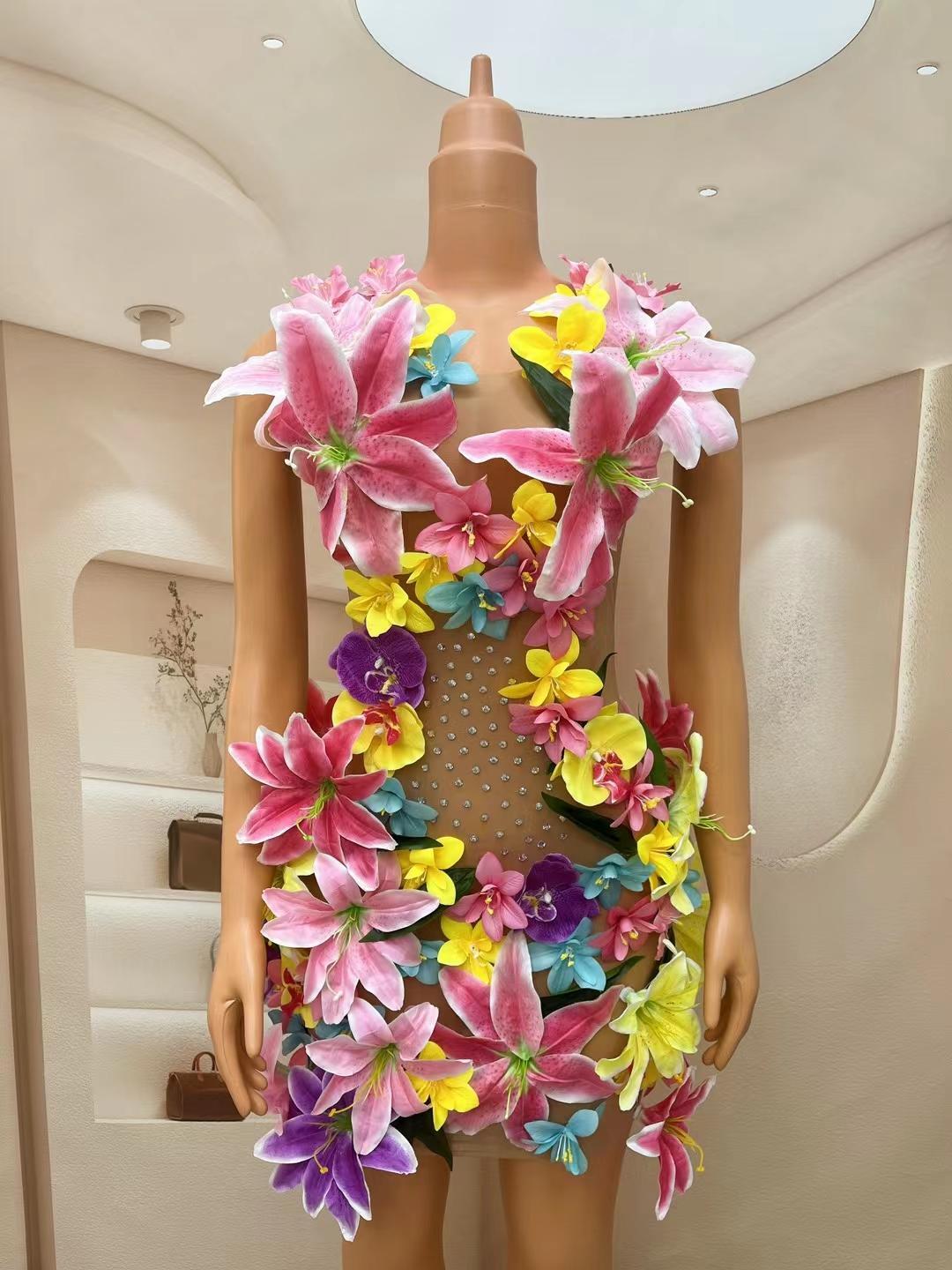 CELESINYI Huaduo Crystal Flower Mini Dress