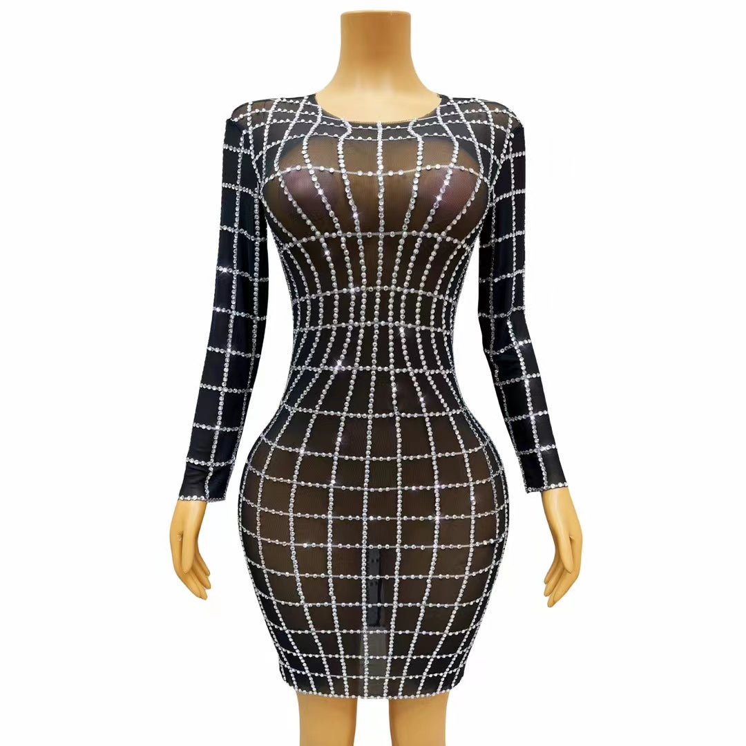 CELESINYI Baigezi Crystal Grid Mini Dress