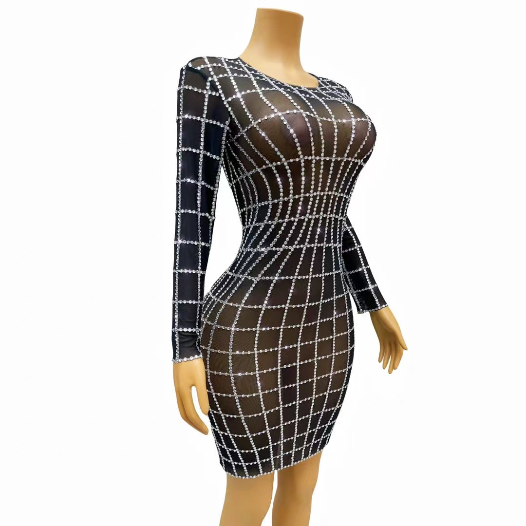 CELESINYI Baigezi Crystal Grid Mini Dress