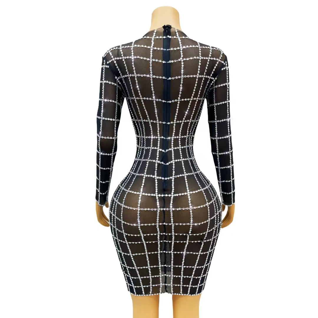 CELESINYI Baigezi Crystal Grid Mini Dress