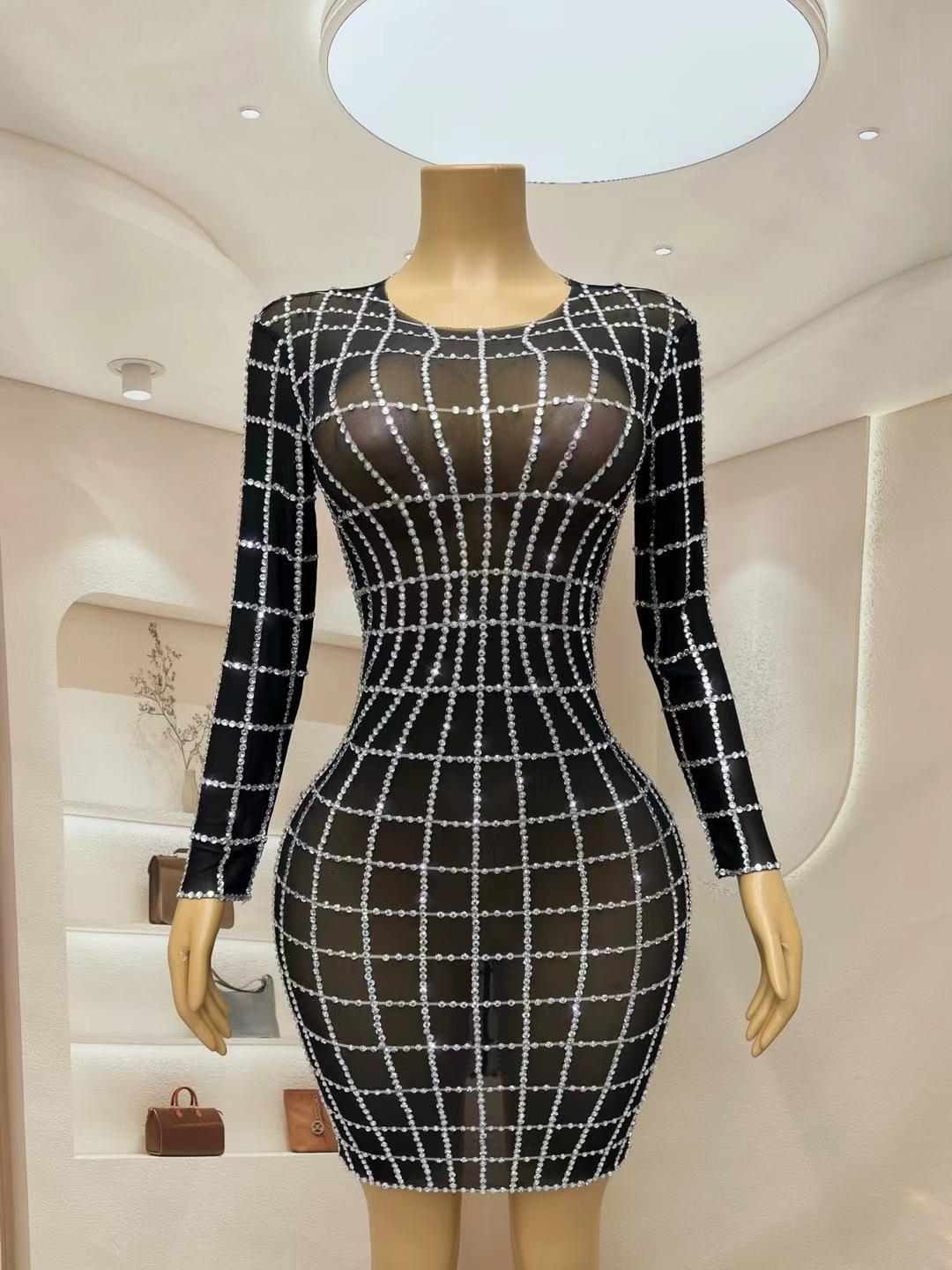 CELESINYI Baigezi Crystal Grid Mini Dress