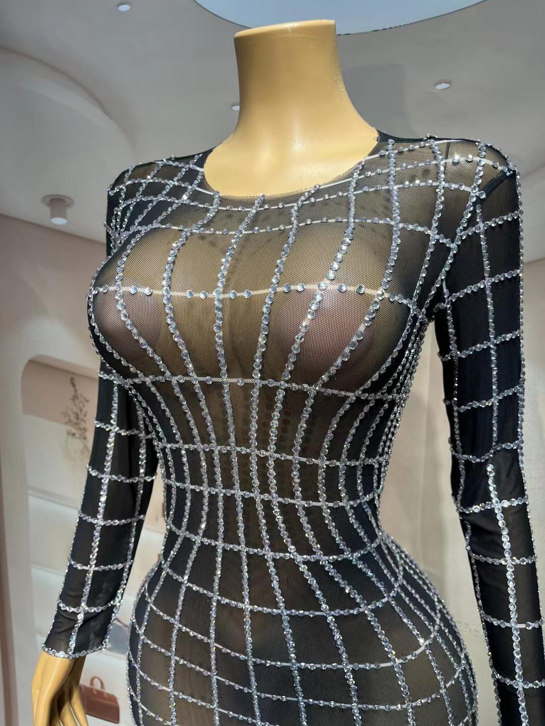 CELESINYI Baigezi Crystal Grid Mini Dress