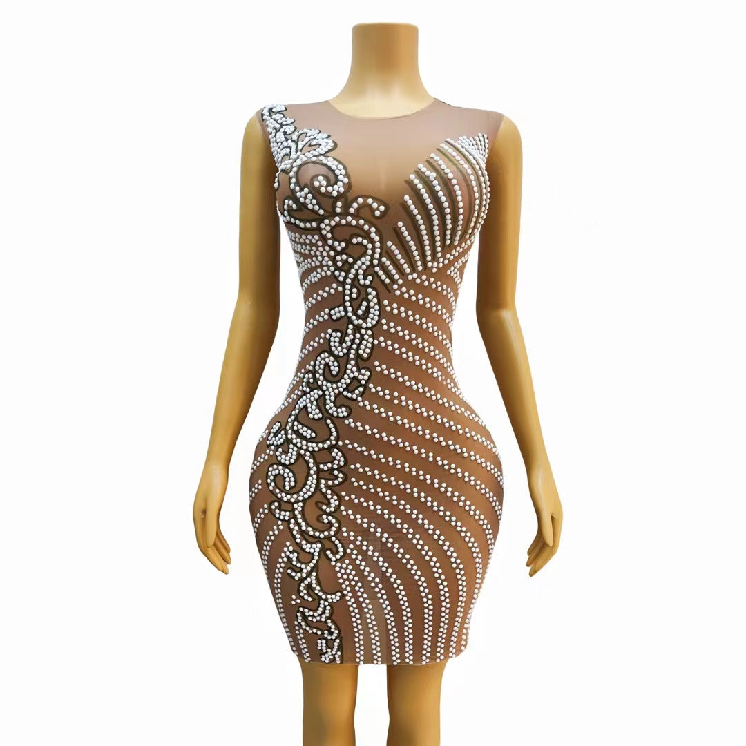 CELESINYI Lvzong Crystal Pearl Mini Dress