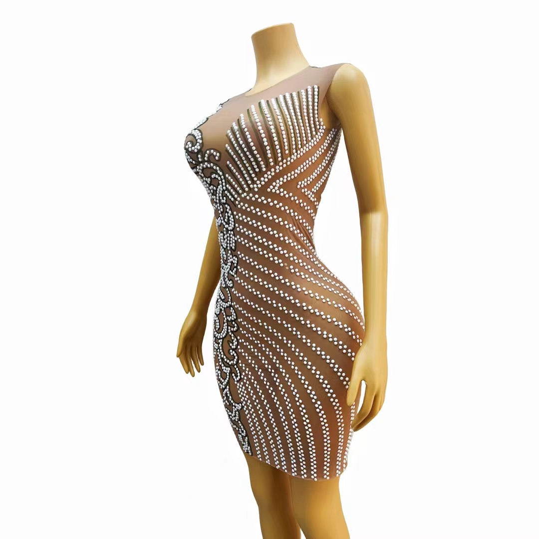 CELESINYI Lvzong Crystal Pearl Mini Dress
