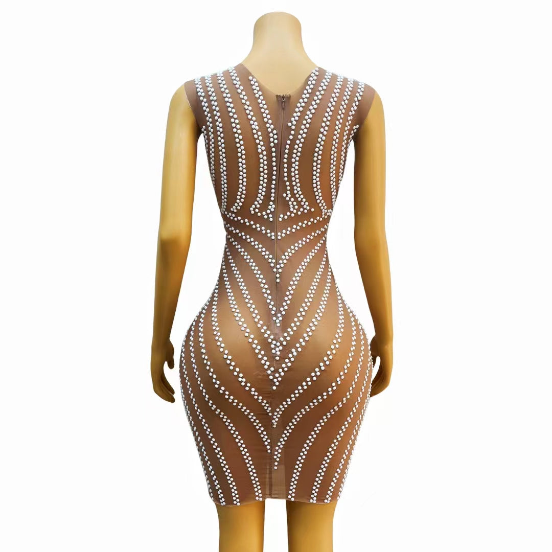 CELESINYI Lvzong Crystal Pearl Mini Dress