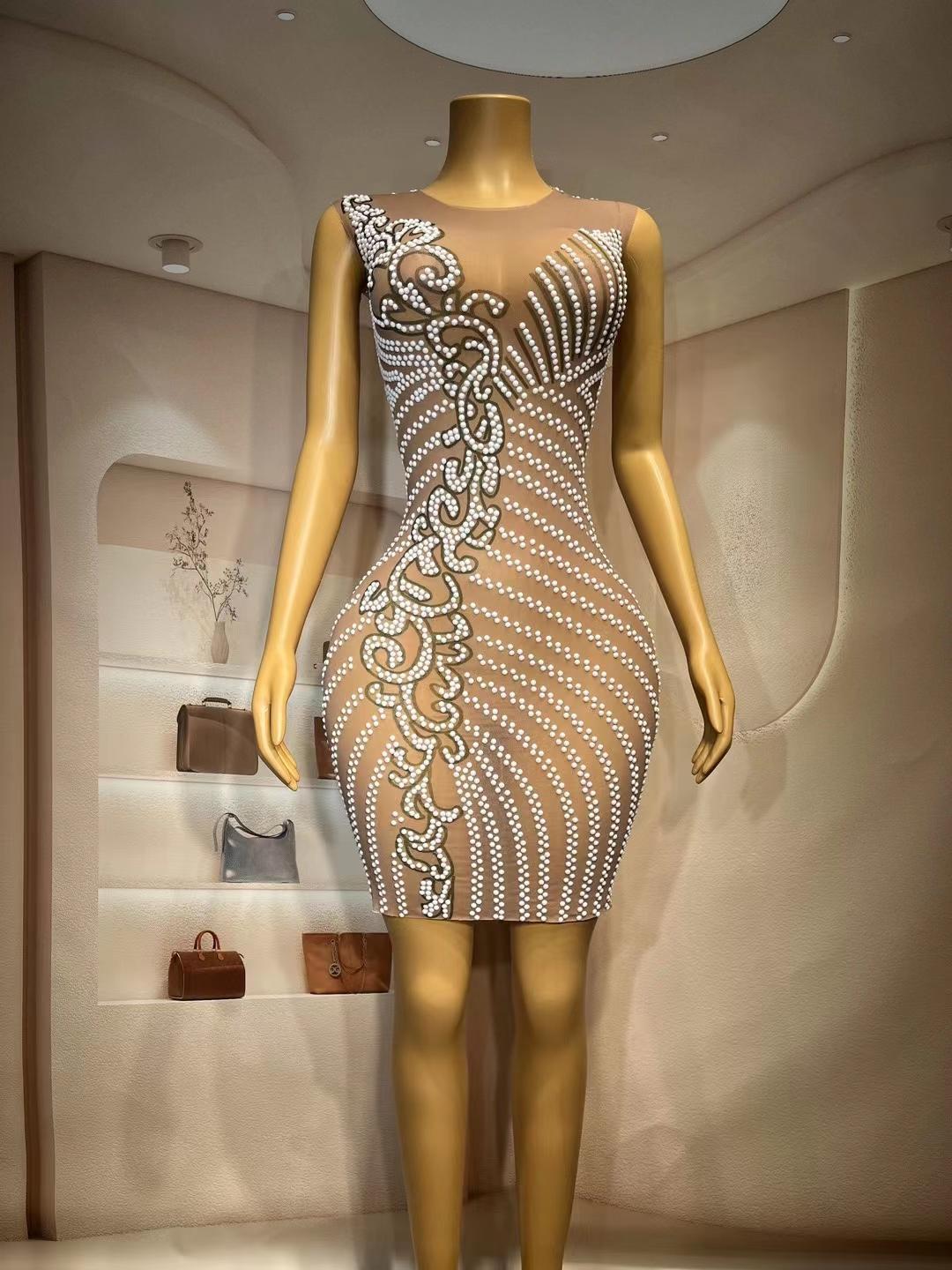 CELESINYI Lvzong Crystal Pearl Mini Dress
