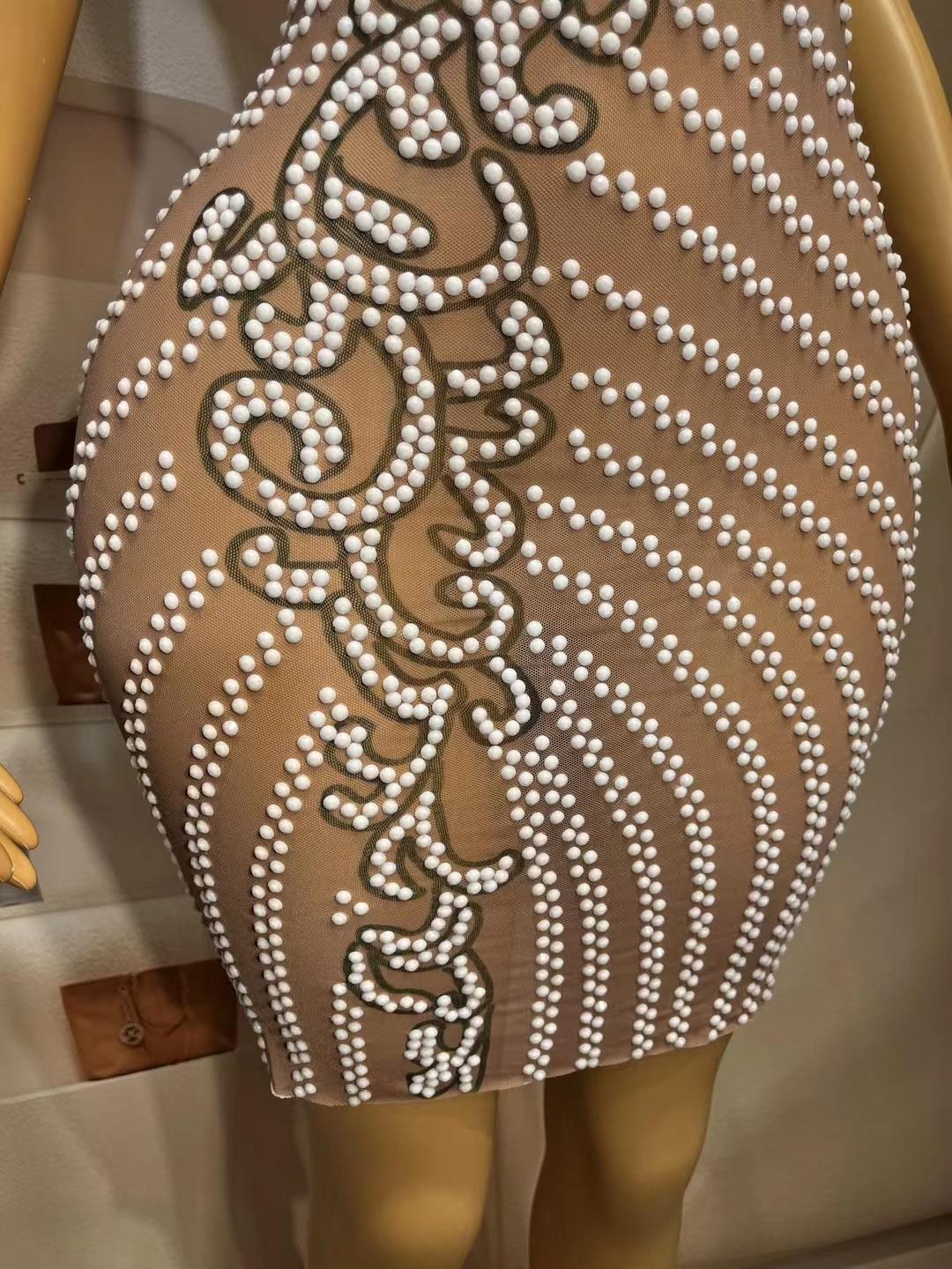 CELESINYI Lvzong Crystal Pearl Mini Dress