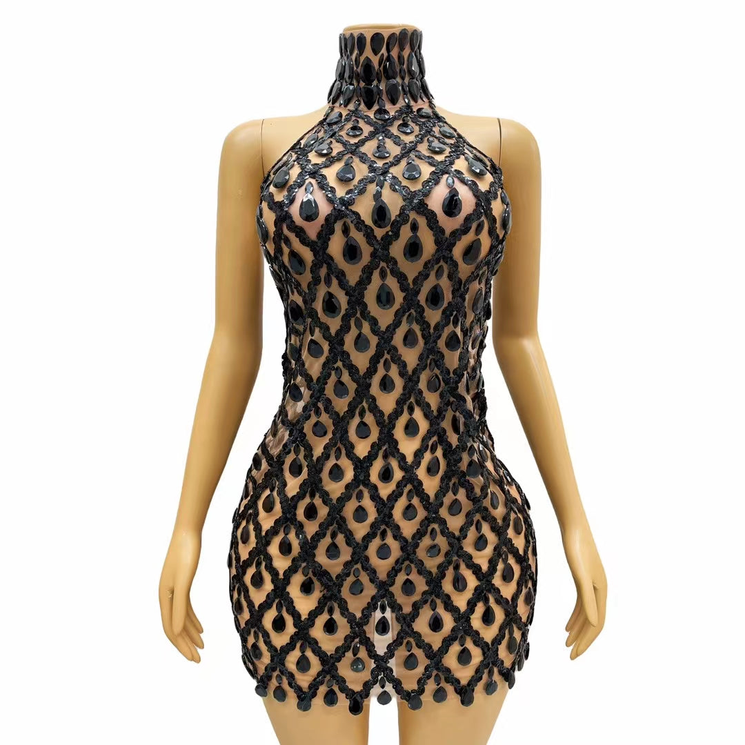 CELESINYI Shaokaojia Crystal Black Sheer Mini Dress