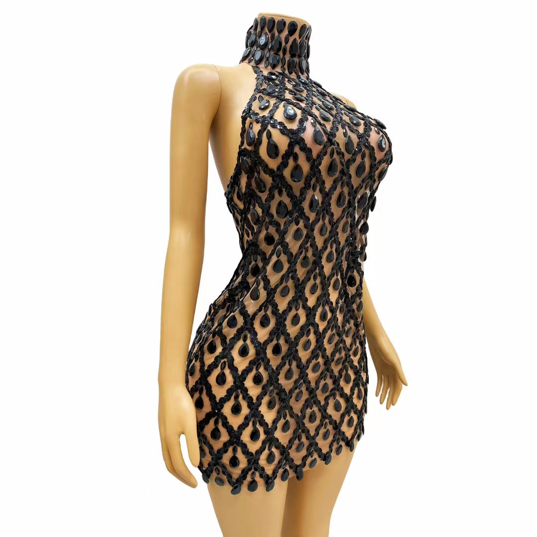 CELESINYI Shaokaojia Crystal Black Sheer Mini Dress