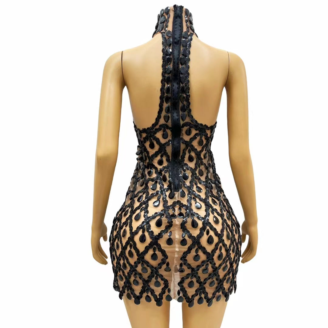 CELESINYI Shaokaojia Crystal Black Sheer Mini Dress