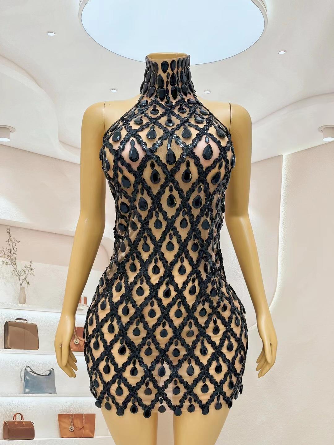 CELESINYI Shaokaojia Crystal Black Sheer Mini Dress