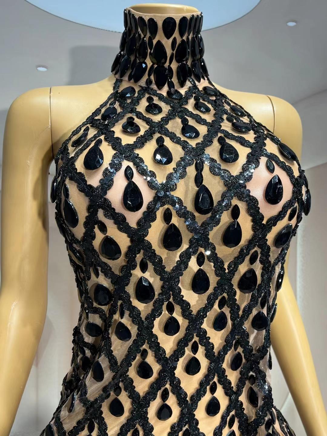 CELESINYI Shaokaojia Crystal Black Sheer Mini Dress