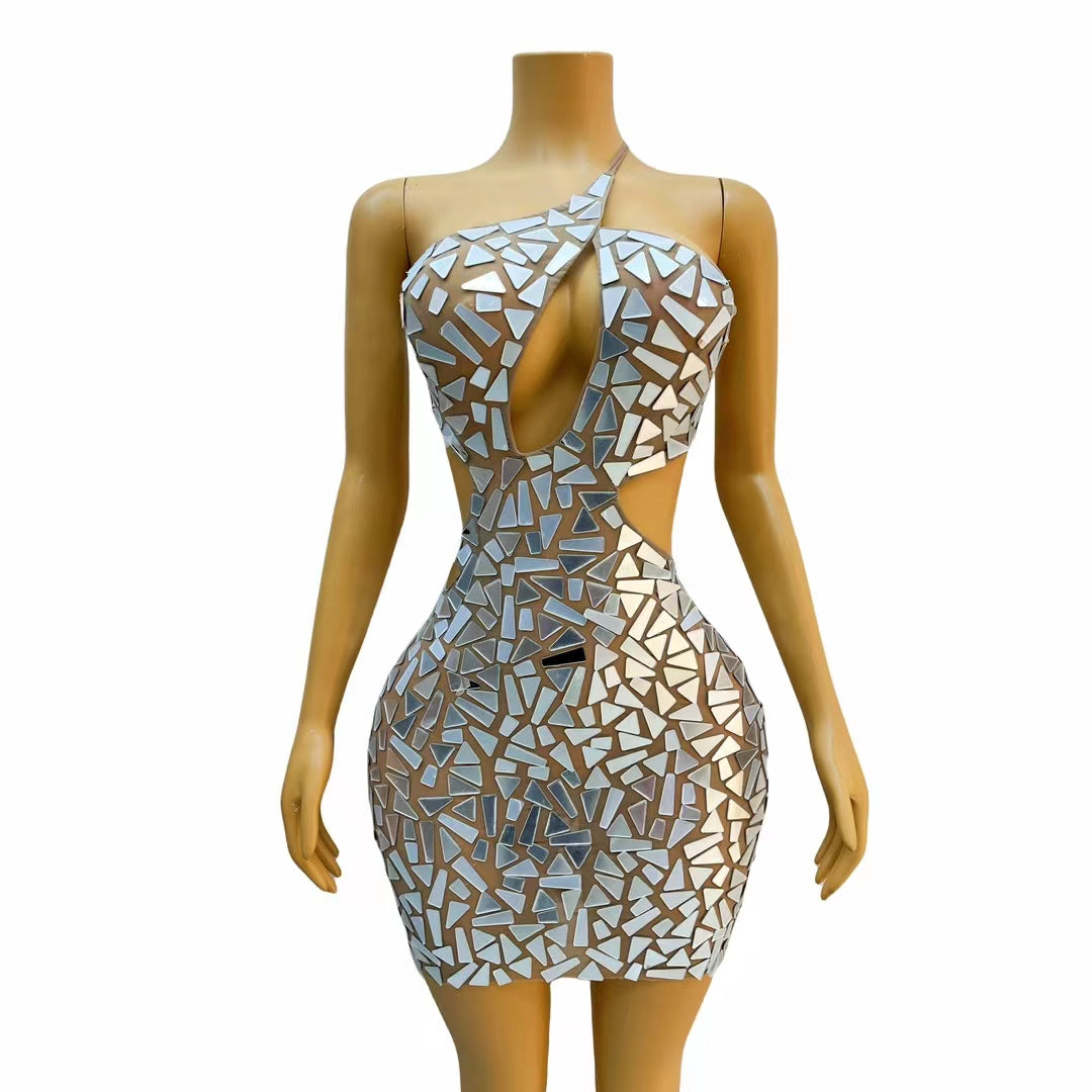 CELESINYI Loukong Crystal Mirror Mini Dress
