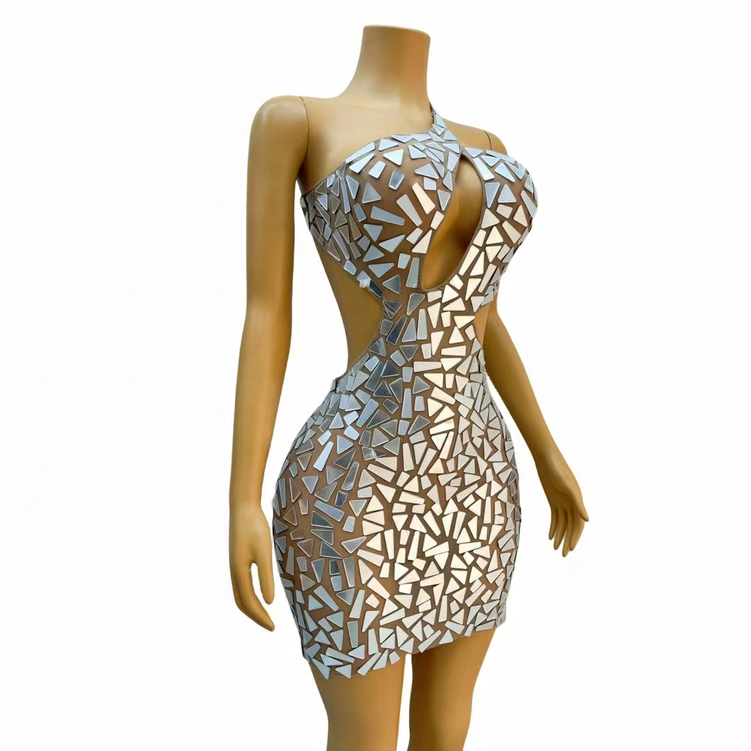 CELESINYI Loukong Crystal Mirror Mini Dress