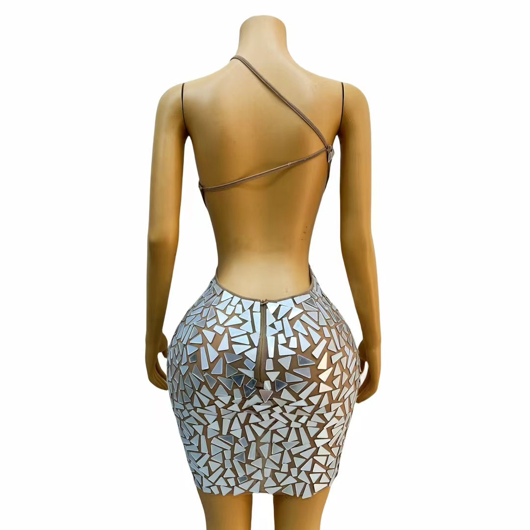 CELESINYI Loukong Crystal Mirror Mini Dress