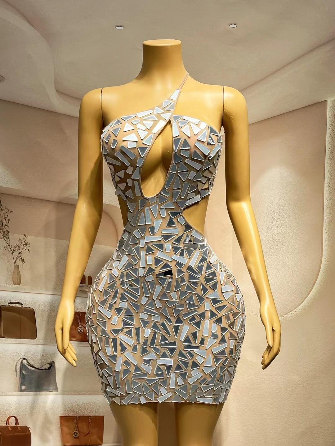 CELESINYI Loukong Crystal Mirror Mini Dress