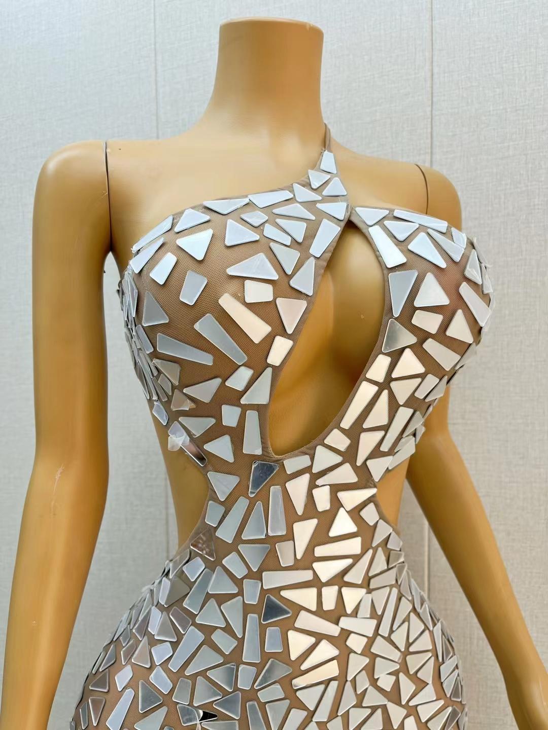 CELESINYI Loukong Crystal Mirror Mini Dress