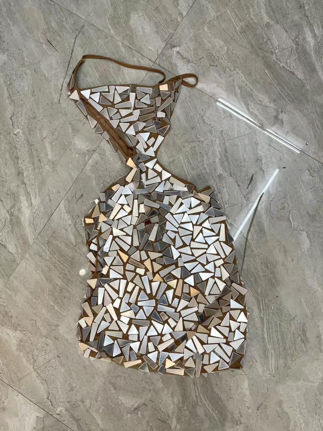 CELESINYI Loukong Crystal Mirror Mini Dress