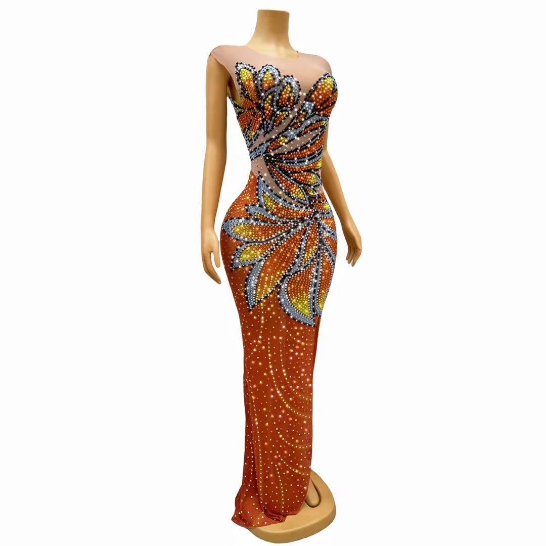 CELESINYI Fengdie Crystal Butterfly Print Dress
