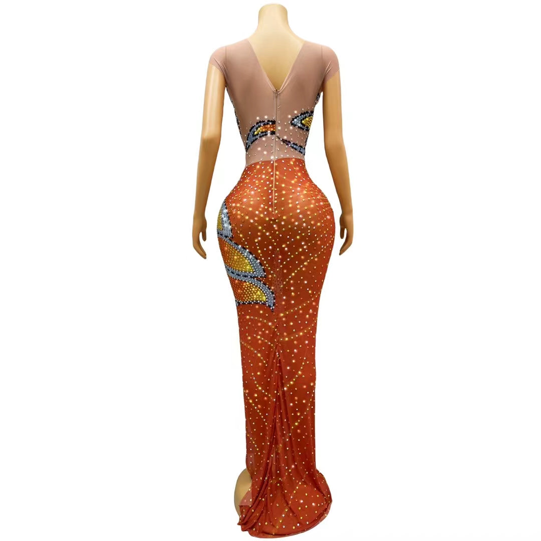 CELESINYI Fengdie Crystal Butterfly Print Dress