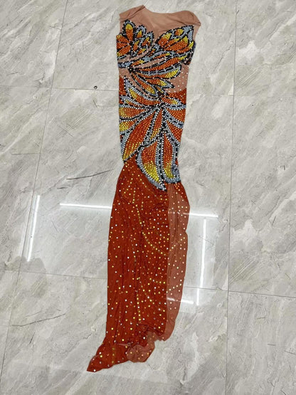 CELESINYI Fengdie Crystal Butterfly Print Dress