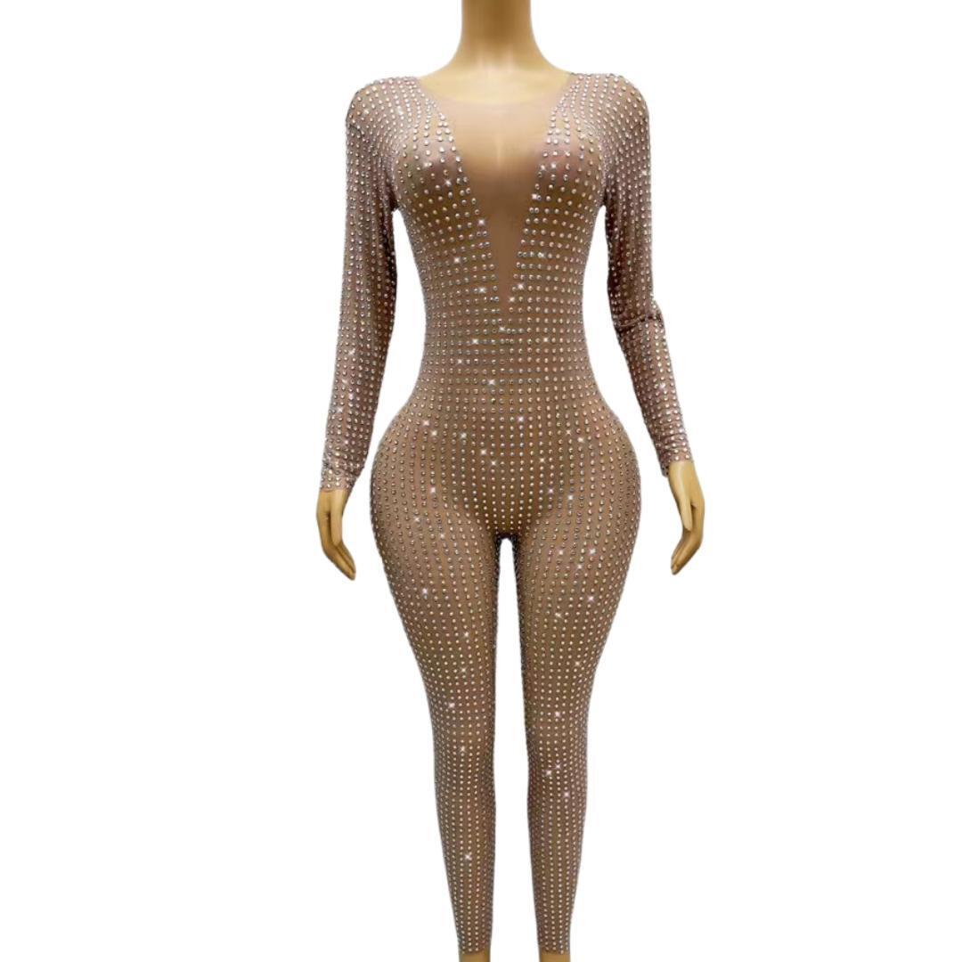 CELESINYI Vling Crystal Grid Jumpsuit