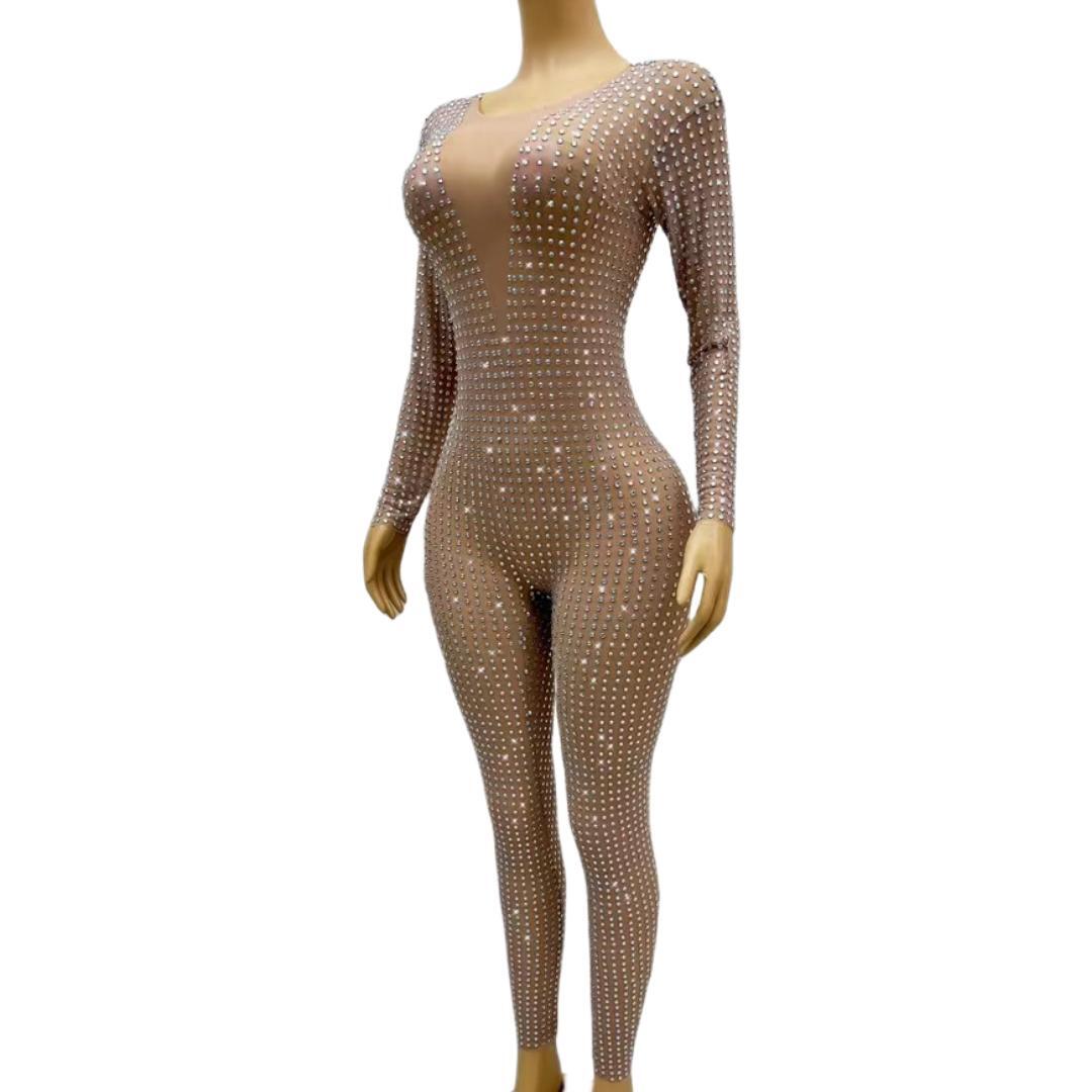 CELESINYI Vling Crystal Grid Jumpsuit