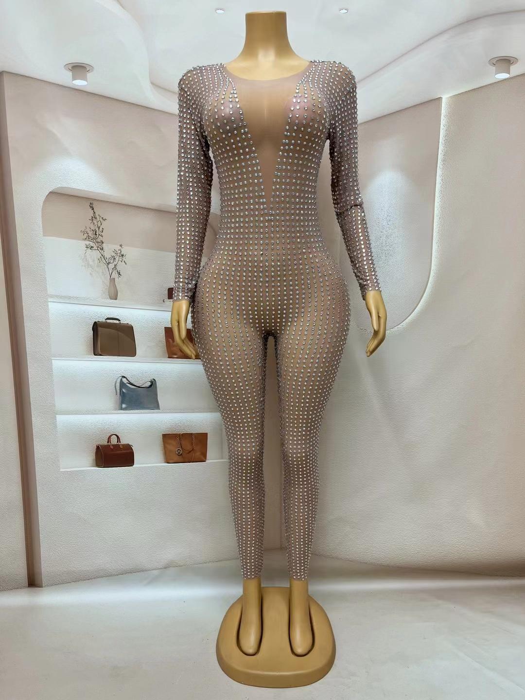 CELESINYI Vling Crystal Grid Jumpsuit