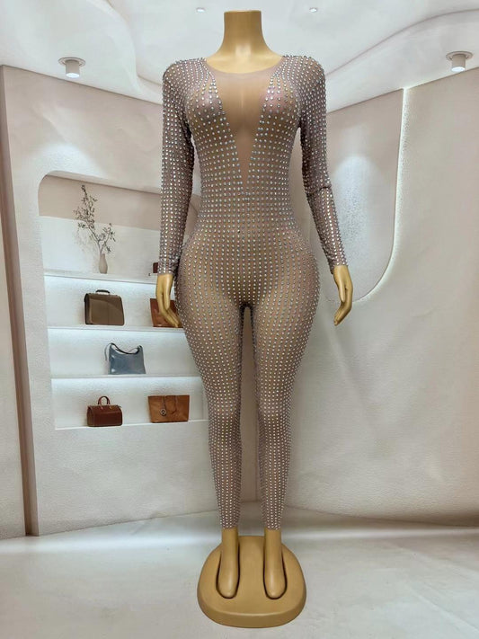 CELESINYI Vling Crystal Grid Jumpsuit