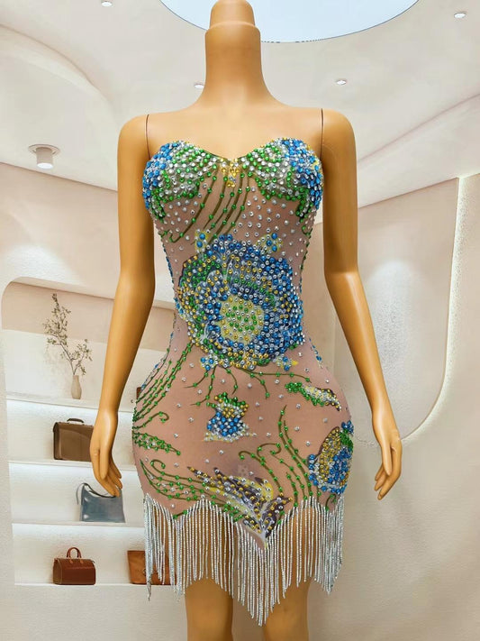 CELESINYI Cuihua Crystal Mandala Mini Dress