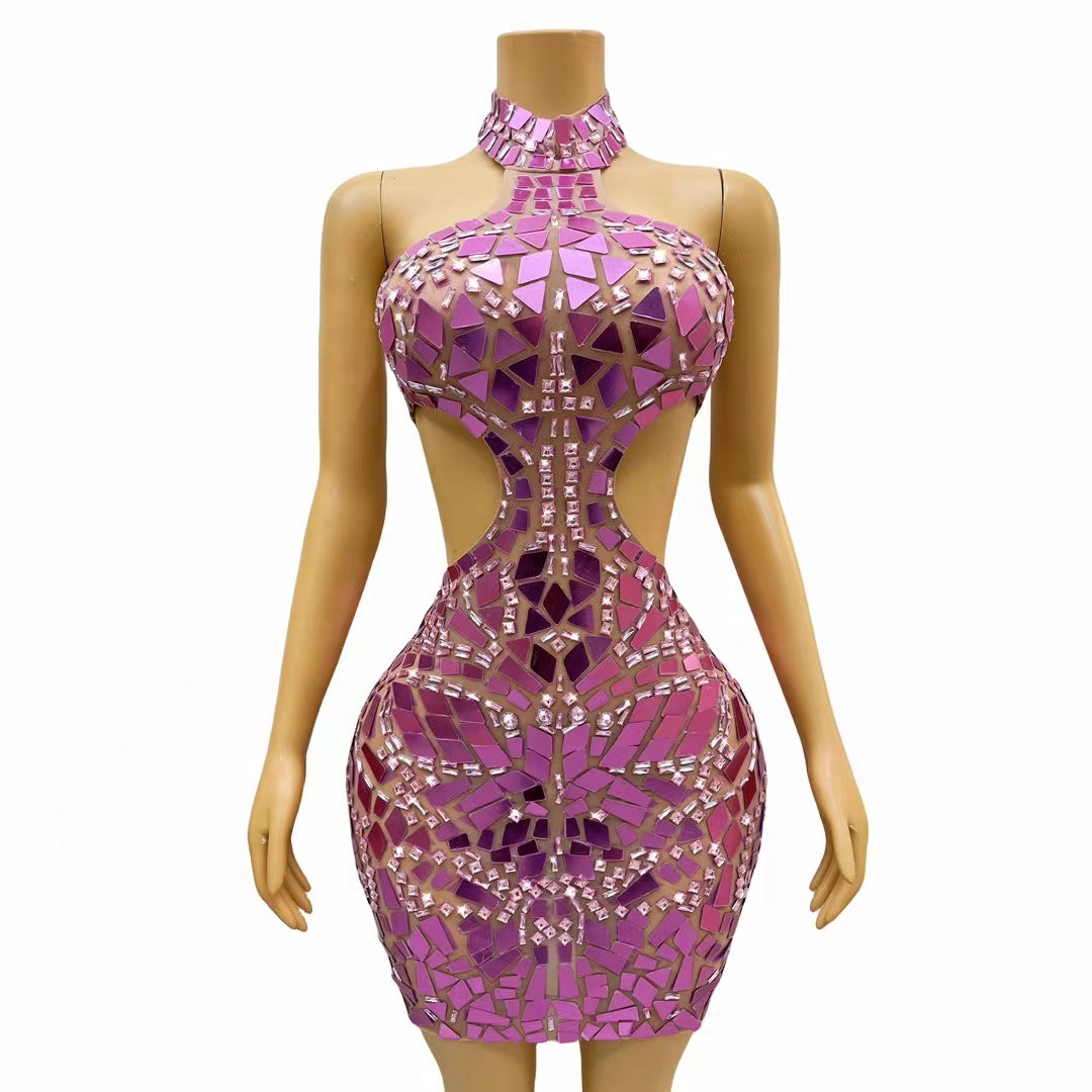 CELESINYI Fenshuang Crystal Mirror Mini Dress