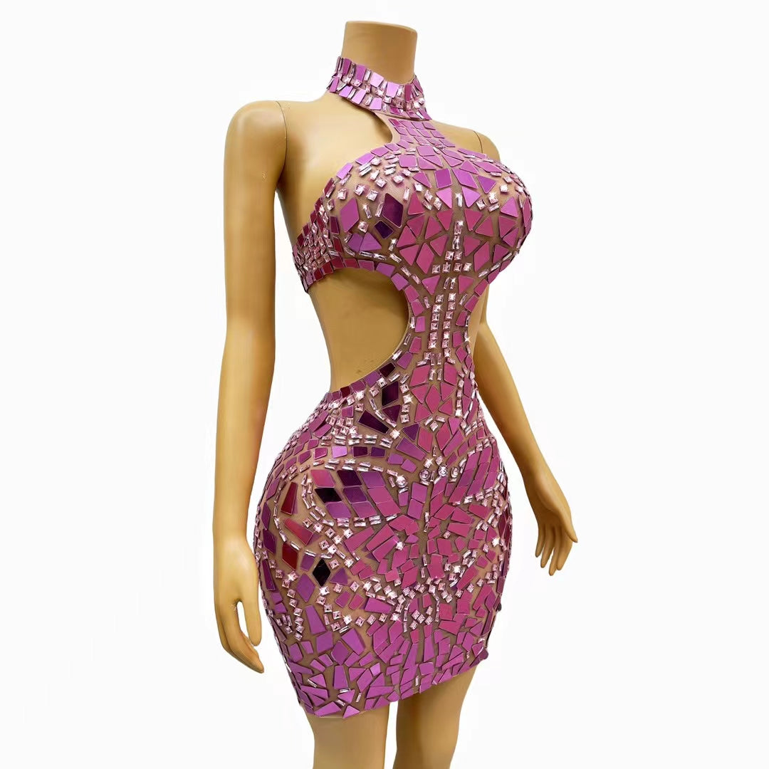 CELESINYI Fenshuang Crystal Mirror Mini Dress