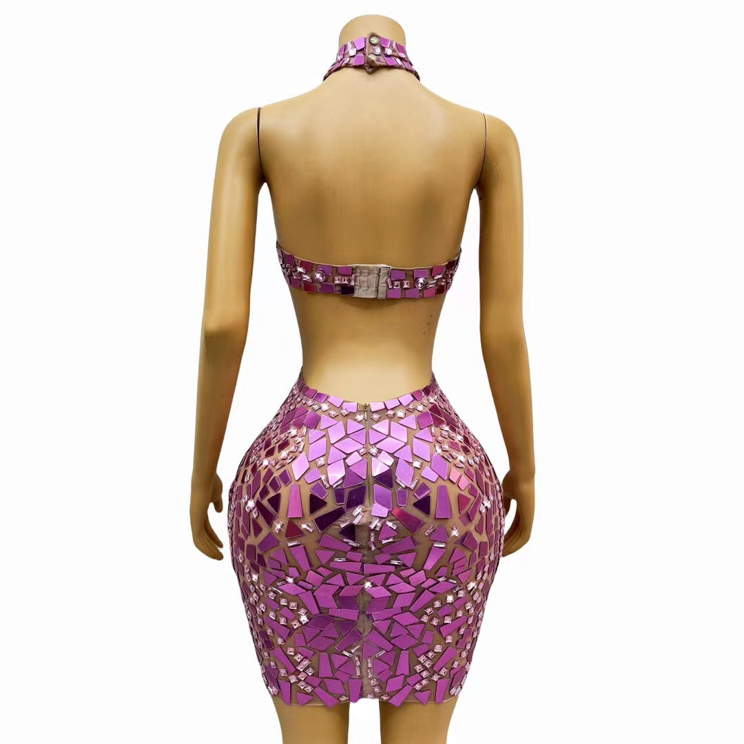 CELESINYI Fenshuang Crystal Mirror Mini Dress