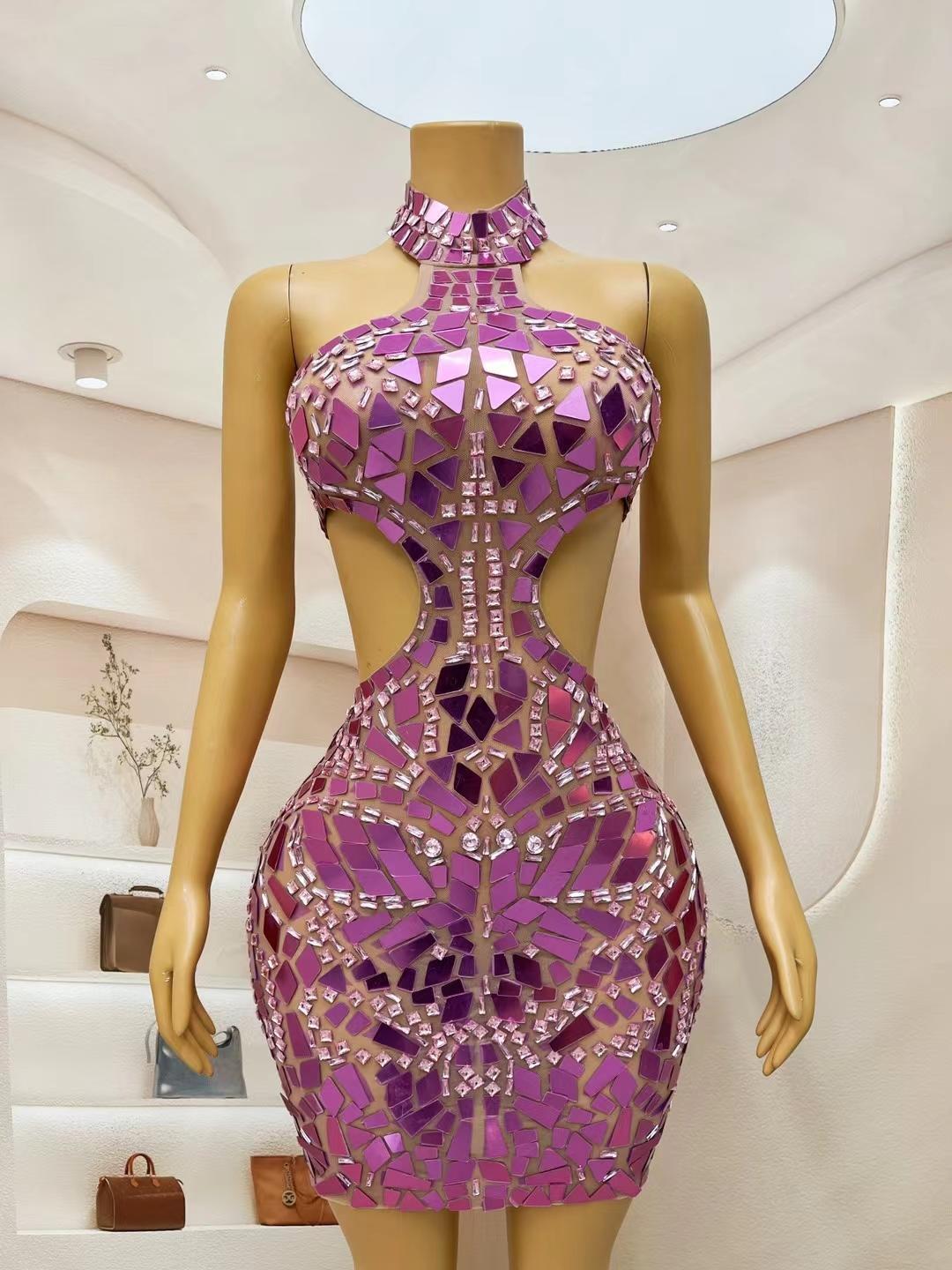 CELESINYI Fenshuang Crystal Mirror Mini Dress