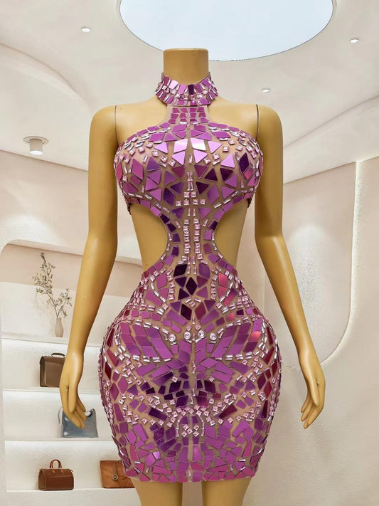 CELESINYI Fenshuang Crystal Mirror Mini Dress