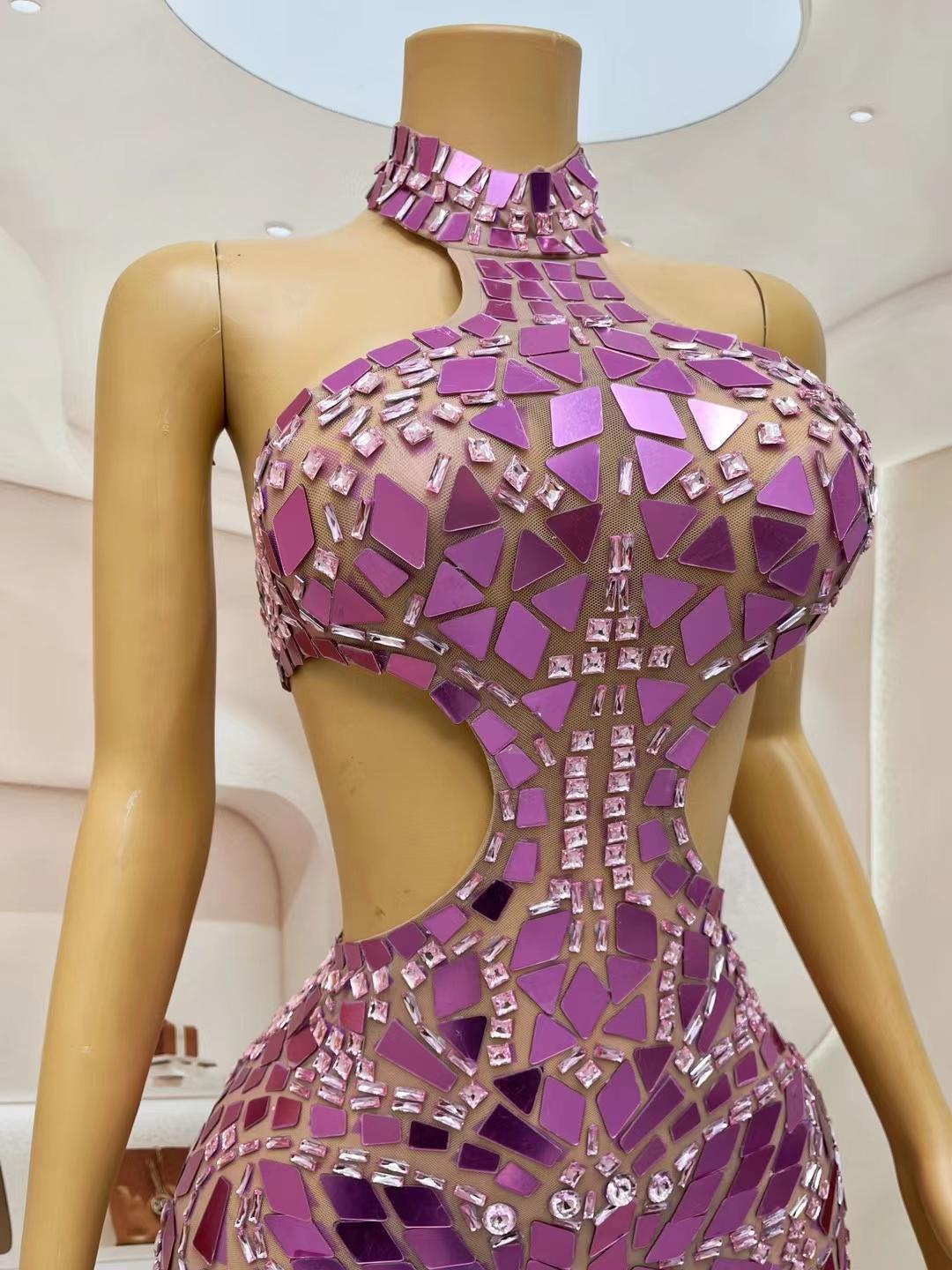 CELESINYI Fenshuang Crystal Mirror Mini Dress